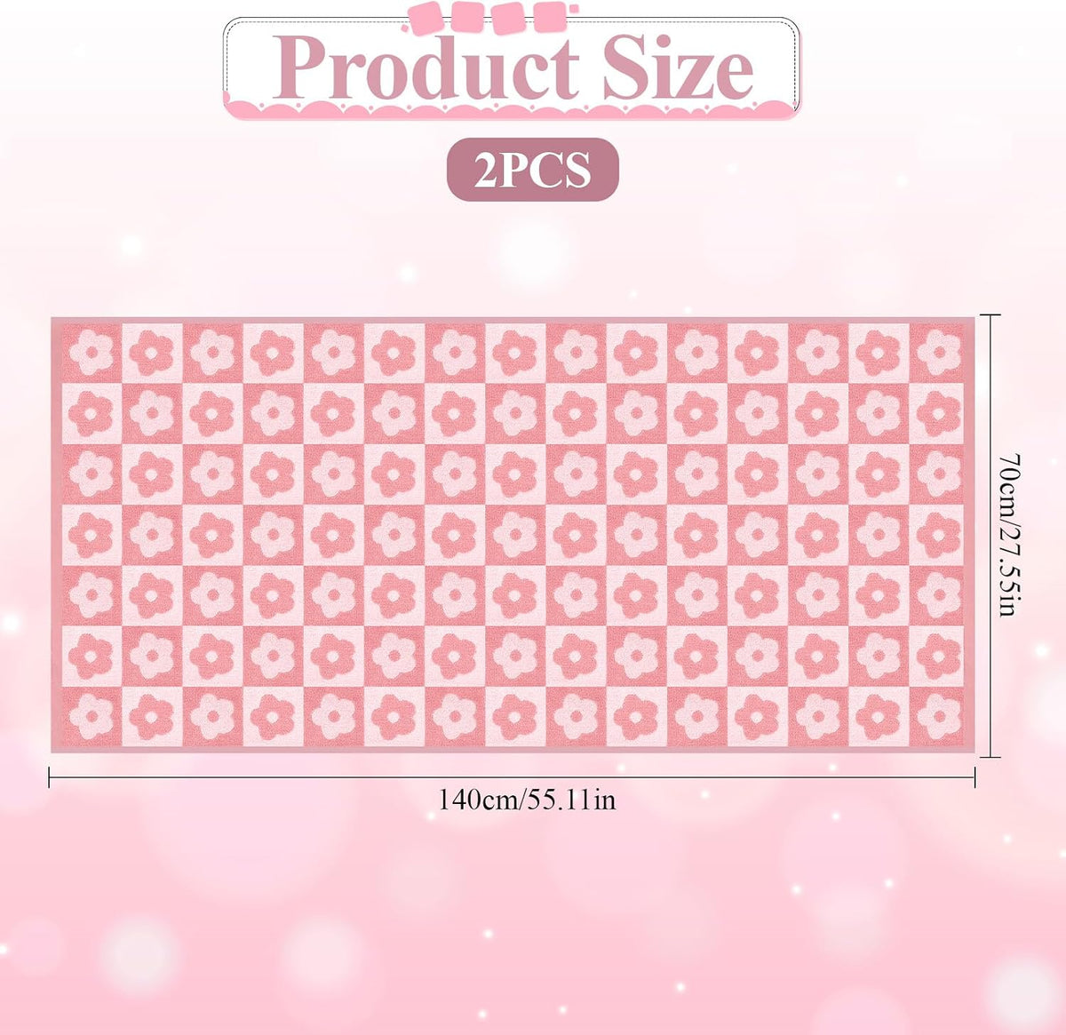 2 PCS Checkered Bath Towels Cute Cotton Floral Bath Towel Soft Absorbent Large Shower Towels for Bathroom, Pool, College Dorm, 27.5x55 Inches, Pink and Purple