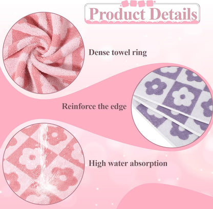 2 PCS Checkered Bath Towels Cute Cotton Floral Bath Towel Soft Absorbent Large Shower Towels for Bathroom, Pool, College Dorm, 27.5x55 Inches, Pink and Purple