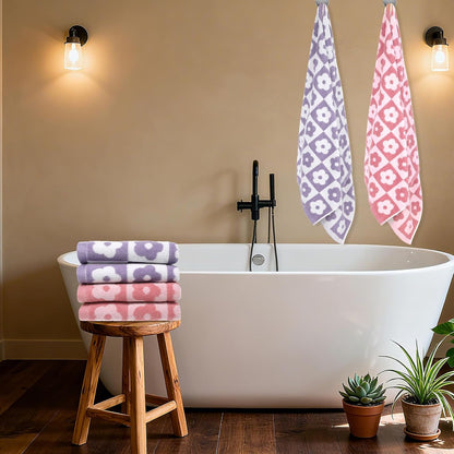 2 PCS Checkered Bath Towels Cute Cotton Floral Bath Towel Soft Absorbent Large Shower Towels for Bathroom, Pool, College Dorm, 27.5x55 Inches, Pink and Purple