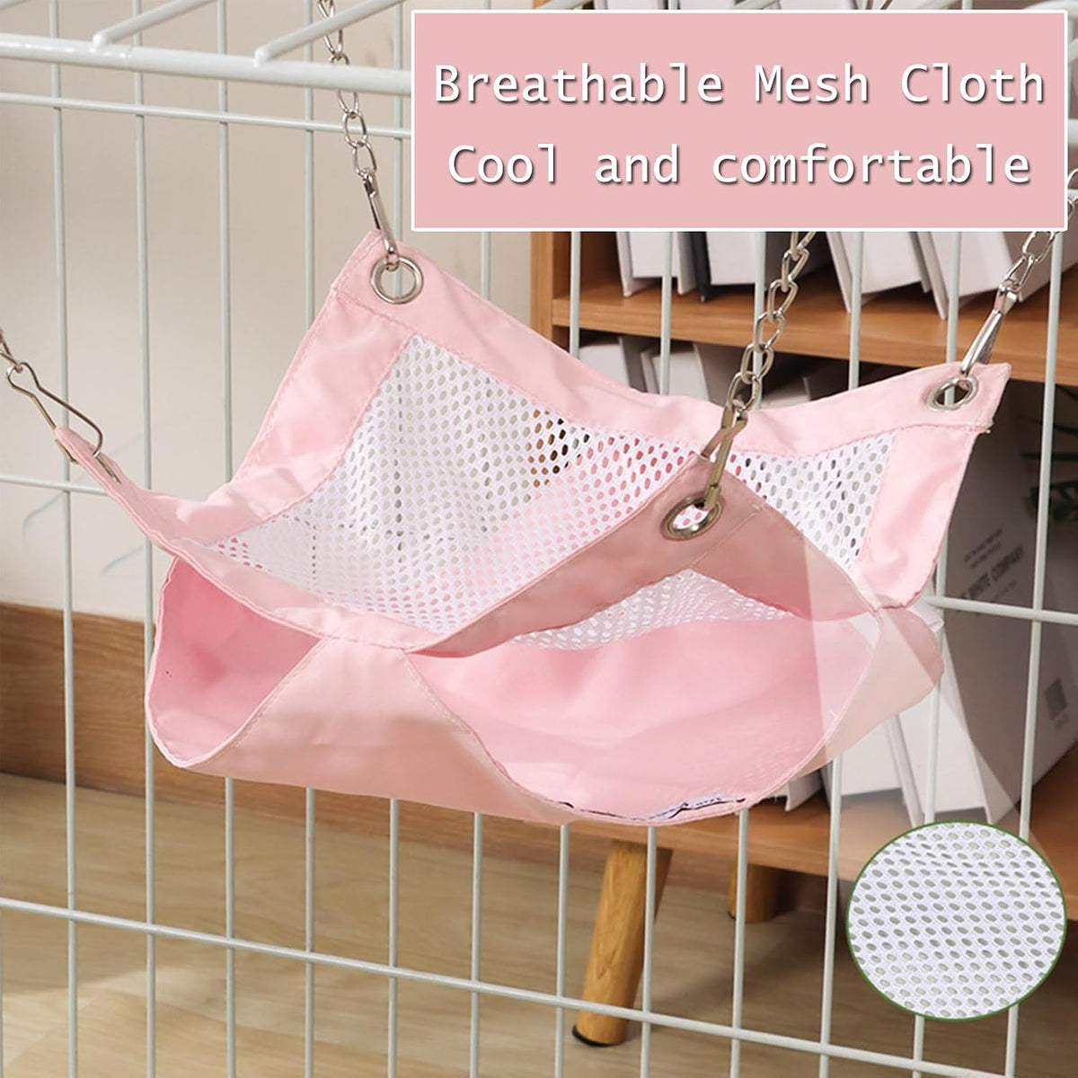 SEIS Waterproof 2 Layers Sugar Glider Mesh Hammock Summer Hamster Sleeping Nest Small Animal Hanging Bed for Guinea Pig House Bedding Squirrel Rat (Pink, 13.4"x13.4")