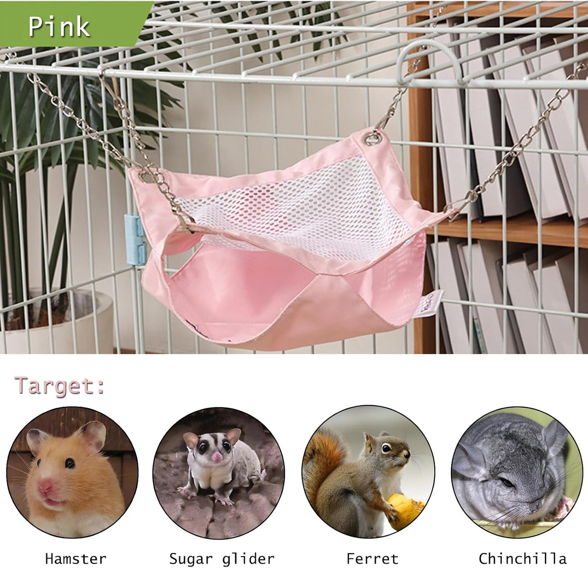 SEIS Waterproof 2 Layers Sugar Glider Mesh Hammock Summer Hamster Sleeping Nest Small Animal Hanging Bed for Guinea Pig House Bedding Squirrel Rat (Pink, 13.4"x13.4")