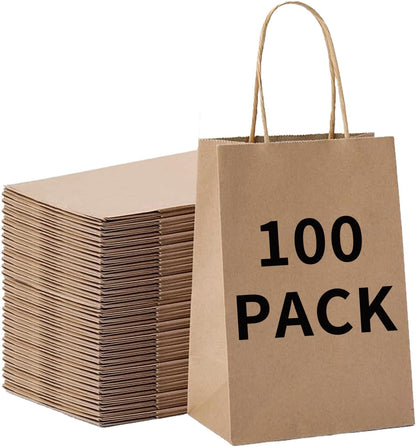 BAG BOX 100 Pcs Medium 8.25x4.3x10.6 Inch Brown Kraft Paper Gift Bags with Handles for Bulk Wedding, Party Favors, Grocery, Shopping, Retail Merchandise, Gift Sacks