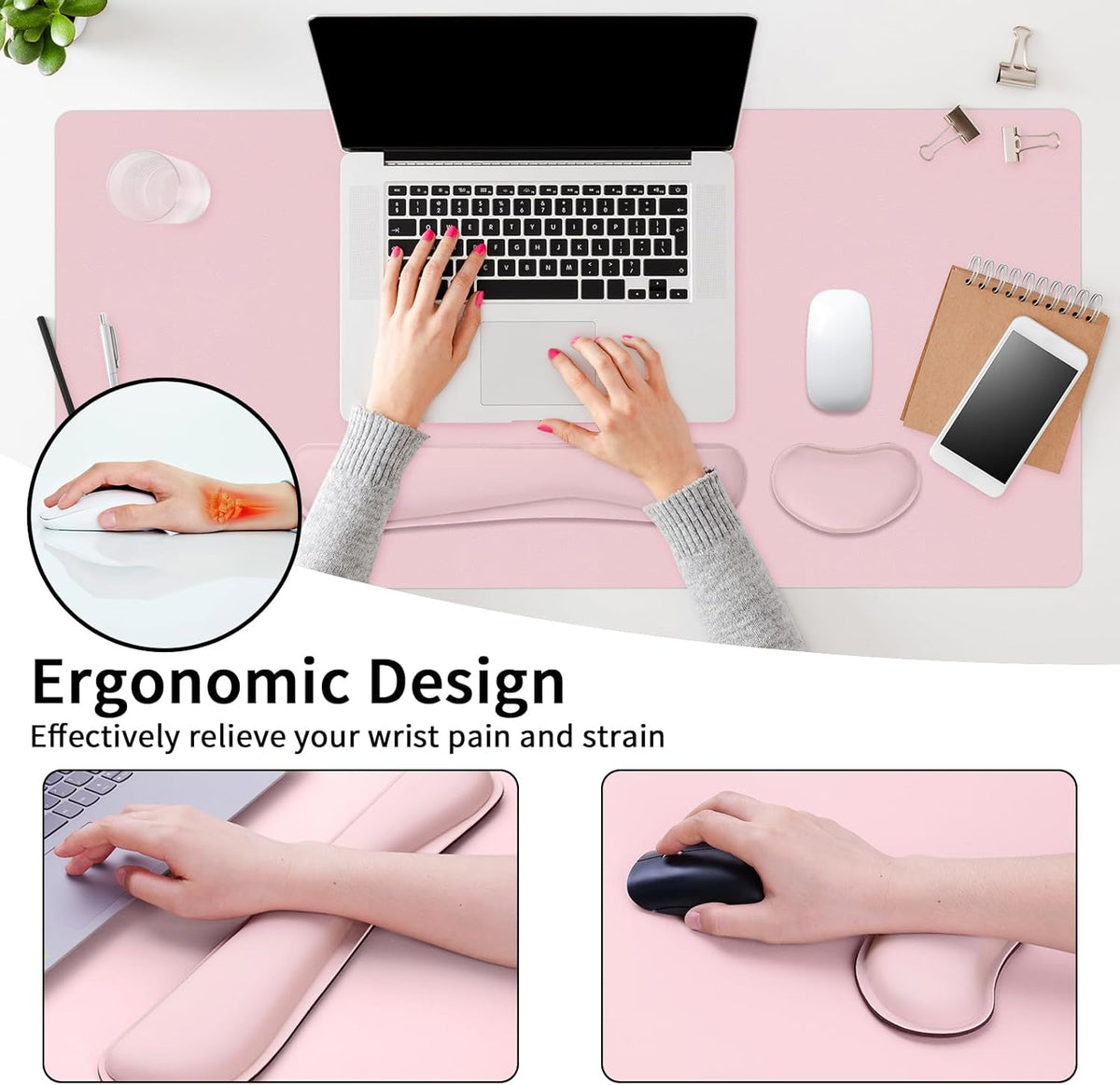 Mouse Pad and Keyboard Wrist Rest, Large Keyboard and Mouse Pad Set, Ergonomic Mousepad with Wrist Rest, Non-Slip Desk Mat Protector for Office, Home (31.5×15.7 Inches, Pink)