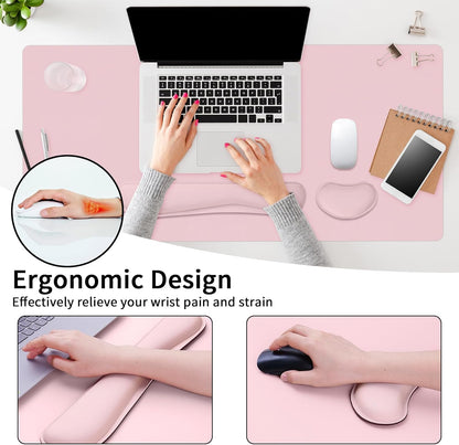 Mouse Pad and Keyboard Wrist Rest, Large Keyboard and Mouse Pad Set, Ergonomic Mousepad with Wrist Rest, Non-Slip Desk Mat Protector for Office, Home (31.5×15.7 Inches, Pink)
