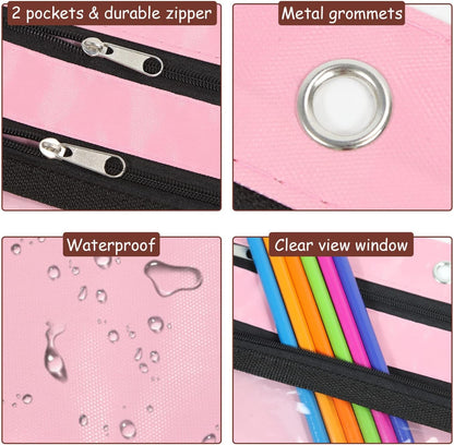 1 Pack Pencil Pouch for 3 Ring Binder, Expandable Binder Pouches with Zipper, Large Capacity Pen Holder Case with Clear Window School Class Office Organizers, Pink