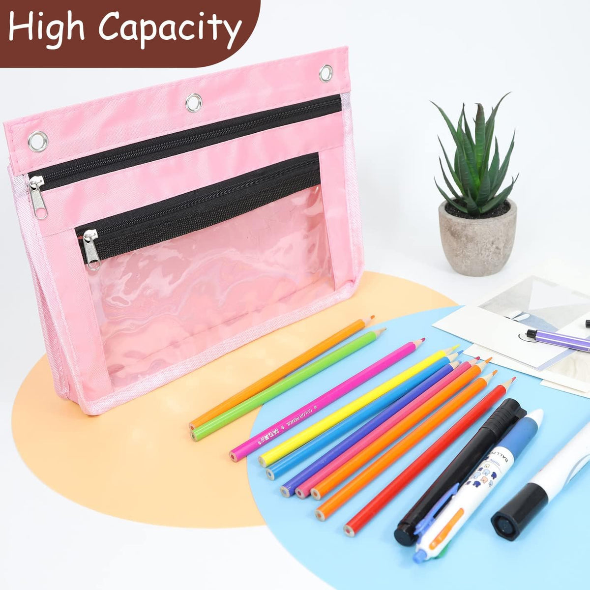 1 Pack Pencil Pouch for 3 Ring Binder, Expandable Binder Pouches with Zipper, Large Capacity Pen Holder Case with Clear Window School Class Office Organizers, Pink
