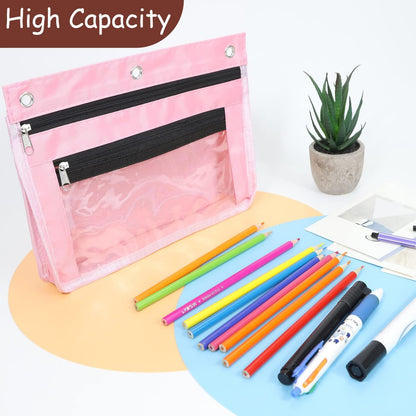 1 Pack Pencil Pouch for 3 Ring Binder, Expandable Binder Pouches with Zipper, Large Capacity Pen Holder Case with Clear Window School Class Office Organizers, Pink