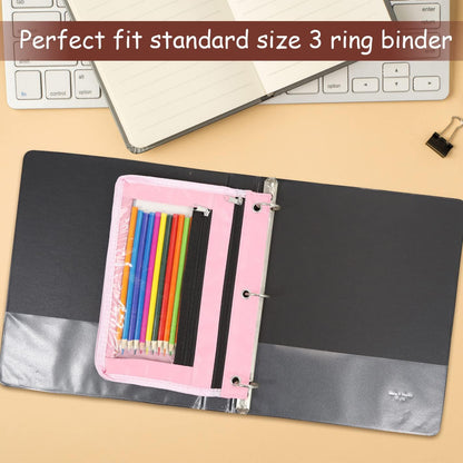 1 Pack Pencil Pouch for 3 Ring Binder, Expandable Binder Pouches with Zipper, Large Capacity Pen Holder Case with Clear Window School Class Office Organizers, Pink