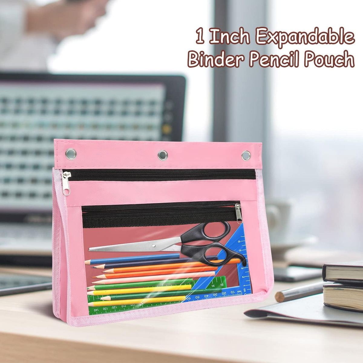1 Pack Pencil Pouch for 3 Ring Binder, Expandable Binder Pouches with Zipper, Large Capacity Pen Holder Case with Clear Window School Class Office Organizers, Pink