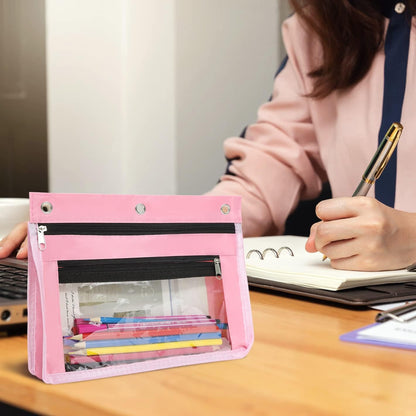 1 Pack Pencil Pouch for 3 Ring Binder, Expandable Binder Pouches with Zipper, Large Capacity Pen Holder Case with Clear Window School Class Office Organizers, Pink