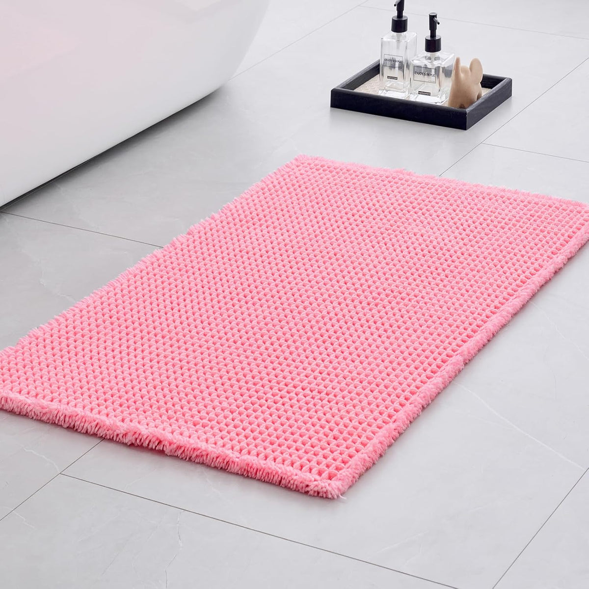 Waffle Bath Mat Non Slip Washable 32x20, Super Absorbent Quick Dry Boho Bathroom Rugs with Tassels, High Density Non Slip Backing, Luxury Carpet for Tub&Shower, Pink