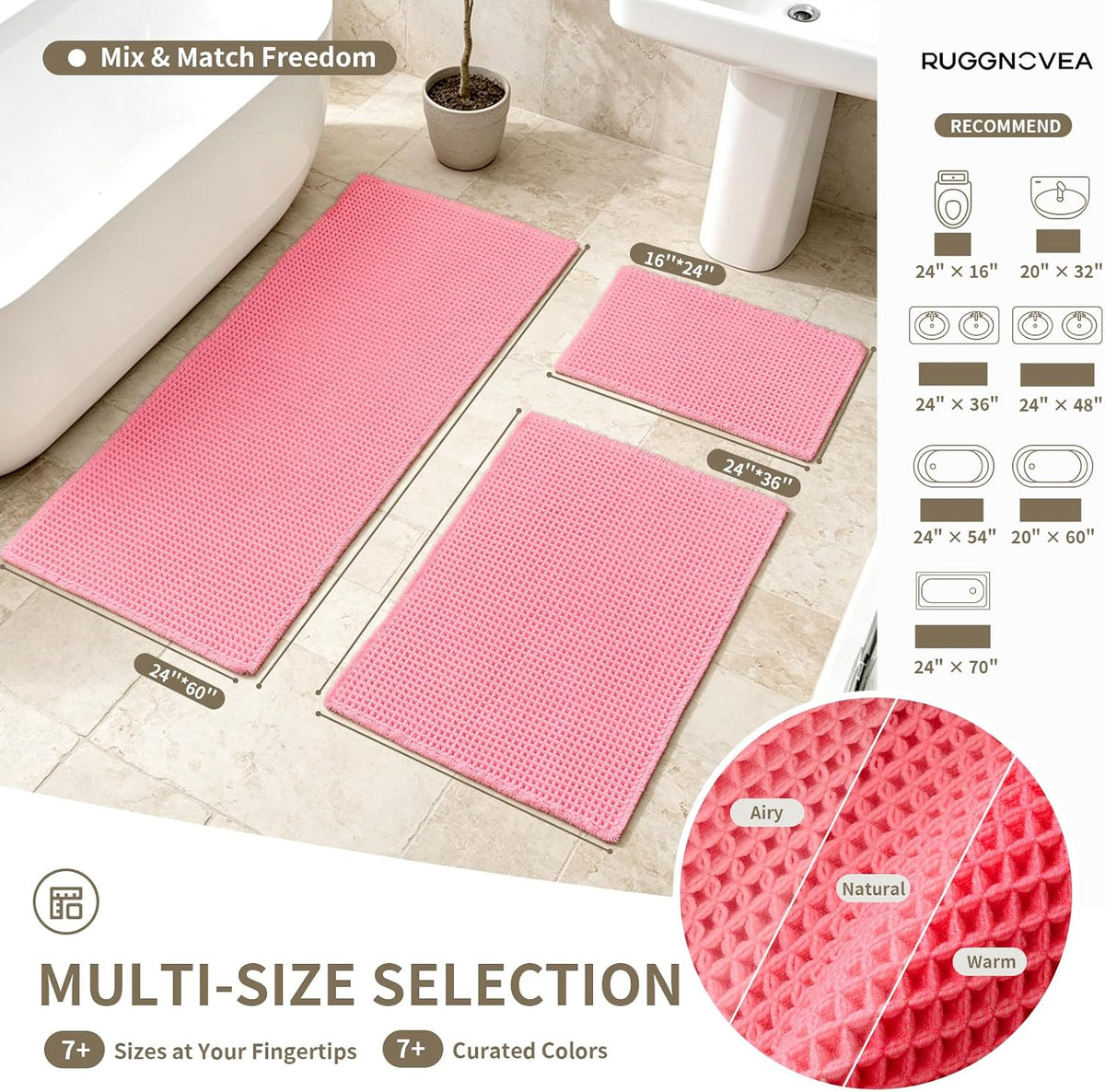 Waffle Bath Mat Non Slip Washable 32x20, Super Absorbent Quick Dry Boho Bathroom Rugs with Tassels, High Density Non Slip Backing, Luxury Carpet for Tub&Shower, Pink