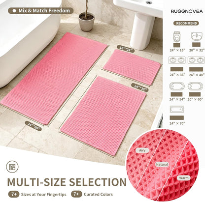 Waffle Bath Mat Non Slip Washable 32x20, Super Absorbent Quick Dry Boho Bathroom Rugs with Tassels, High Density Non Slip Backing, Luxury Carpet for Tub&Shower, Pink