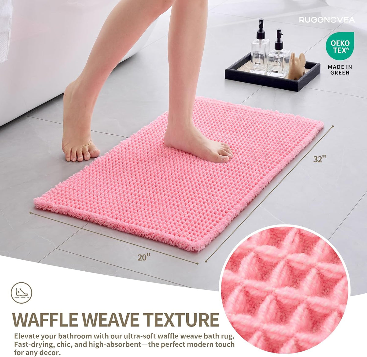 Waffle Bath Mat Non Slip Washable 32x20, Super Absorbent Quick Dry Boho Bathroom Rugs with Tassels, High Density Non Slip Backing, Luxury Carpet for Tub&Shower, Pink
