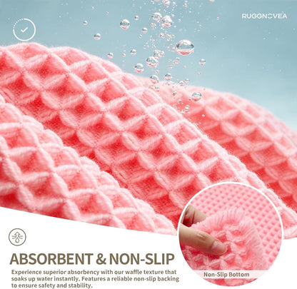 Waffle Bath Mat Non Slip Washable 32x20, Super Absorbent Quick Dry Boho Bathroom Rugs with Tassels, High Density Non Slip Backing, Luxury Carpet for Tub&Shower, Pink