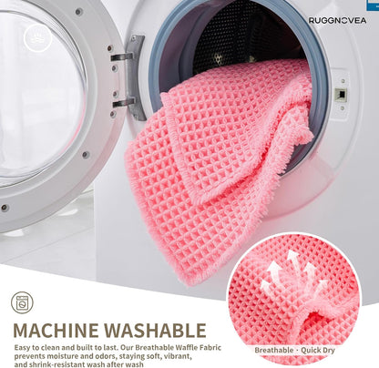 Waffle Bath Mat Non Slip Washable 32x20, Super Absorbent Quick Dry Boho Bathroom Rugs with Tassels, High Density Non Slip Backing, Luxury Carpet for Tub&Shower, Pink