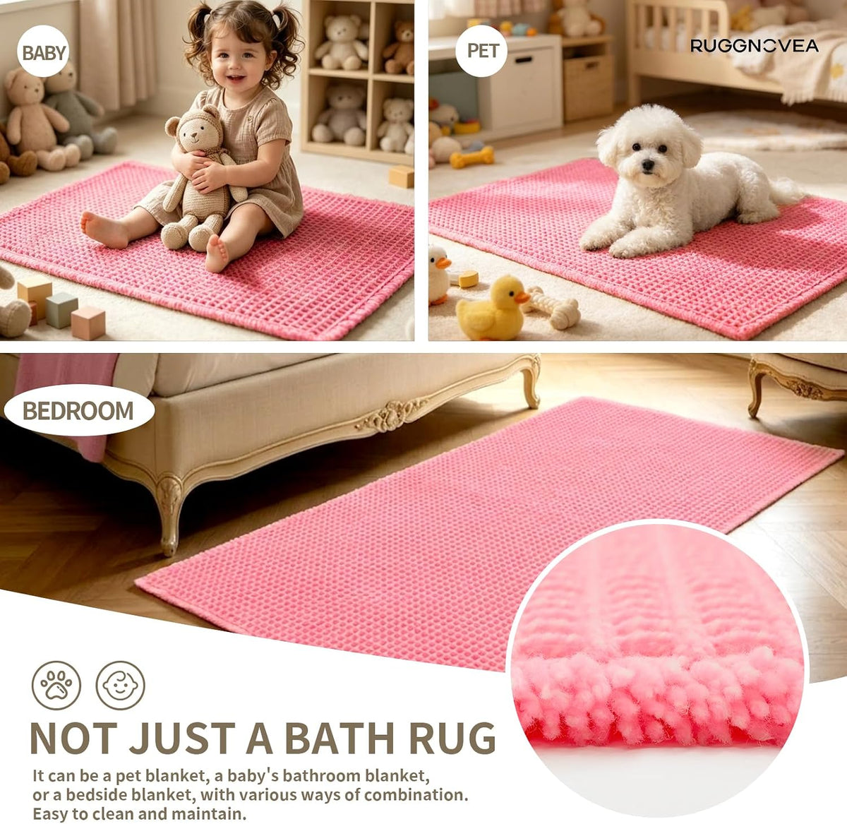 Waffle Bath Mat Non Slip Washable 32x20, Super Absorbent Quick Dry Boho Bathroom Rugs with Tassels, High Density Non Slip Backing, Luxury Carpet for Tub&Shower, Pink