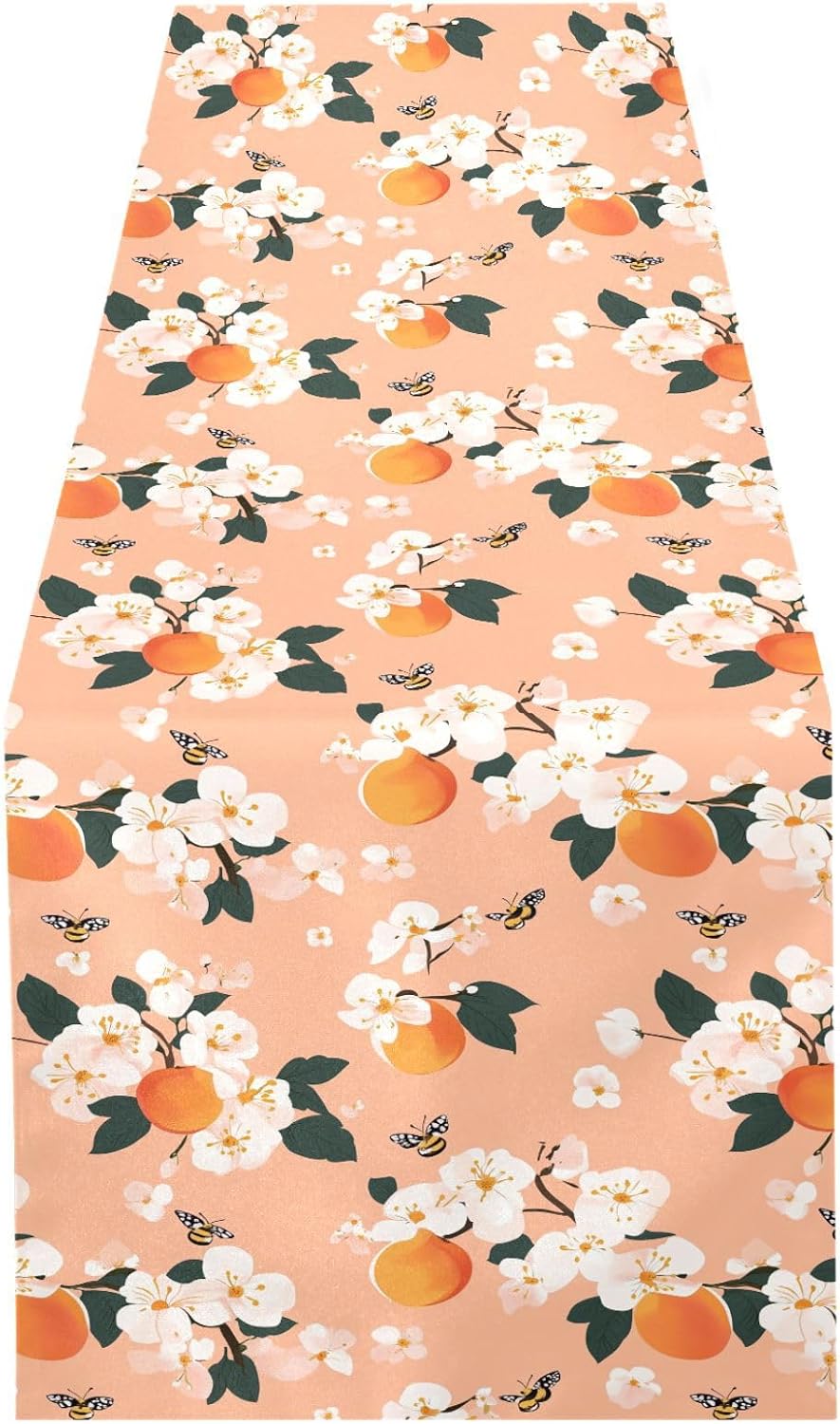 Cute Serviceberry Fruit Peach Table Runner Boho Wedding Ceremony Decorations 18x72in Reusable Green Table Runner