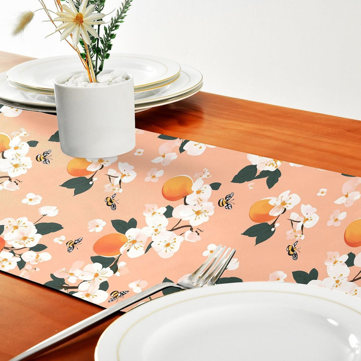 Cute Serviceberry Fruit Peach Table Runner Boho Wedding Ceremony Decorations 18x72in Reusable Green Table Runner