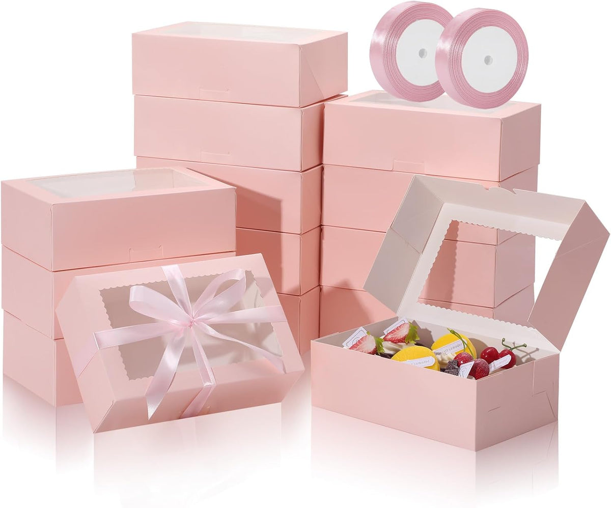 30Pcs Cookie Boxes with Ribbons, 9x6x3 Inch Pink Bakery Boxes