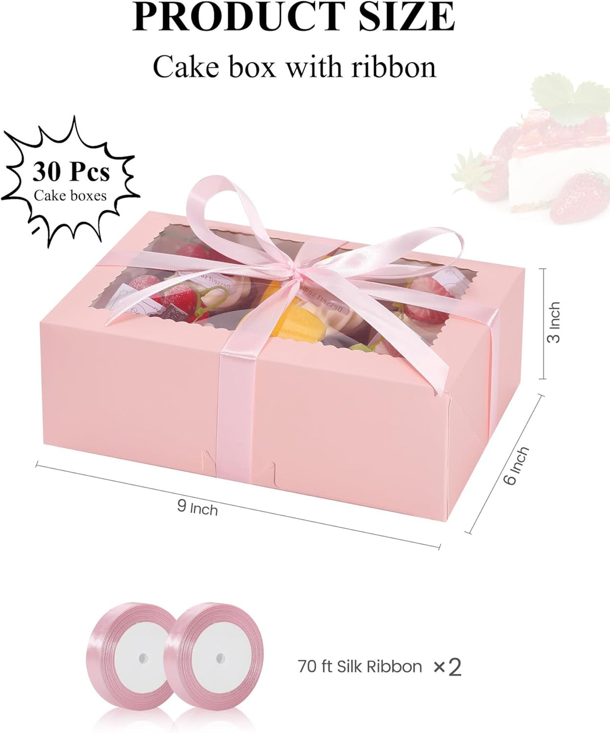 30Pcs Cookie Boxes with Ribbons, 9x6x3 Inch Pink Bakery Boxes