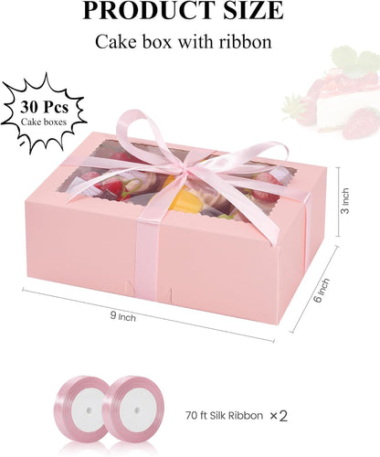 30Pcs Cookie Boxes with Ribbons, 9x6x3 Inch Pink Bakery Boxes