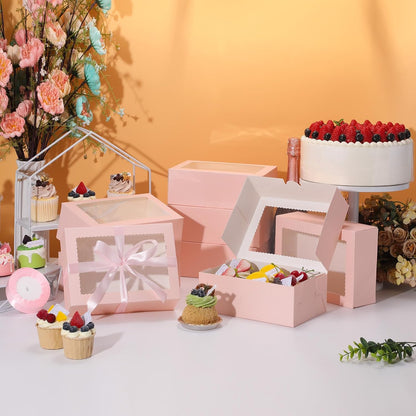 30Pcs Cookie Boxes with Ribbons, 9x6x3 Inch Pink Bakery Boxes