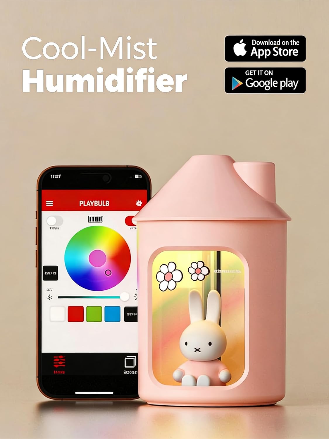 x Miffy 2.0 Humidifier, Smart App Control RGB LED Night Light, Dual Spray Ultrasonic Cool Mist Humidifier, 500ml Portable Quiet Humidifier for Bedroom Office Nursery,Pink Ideal Gift