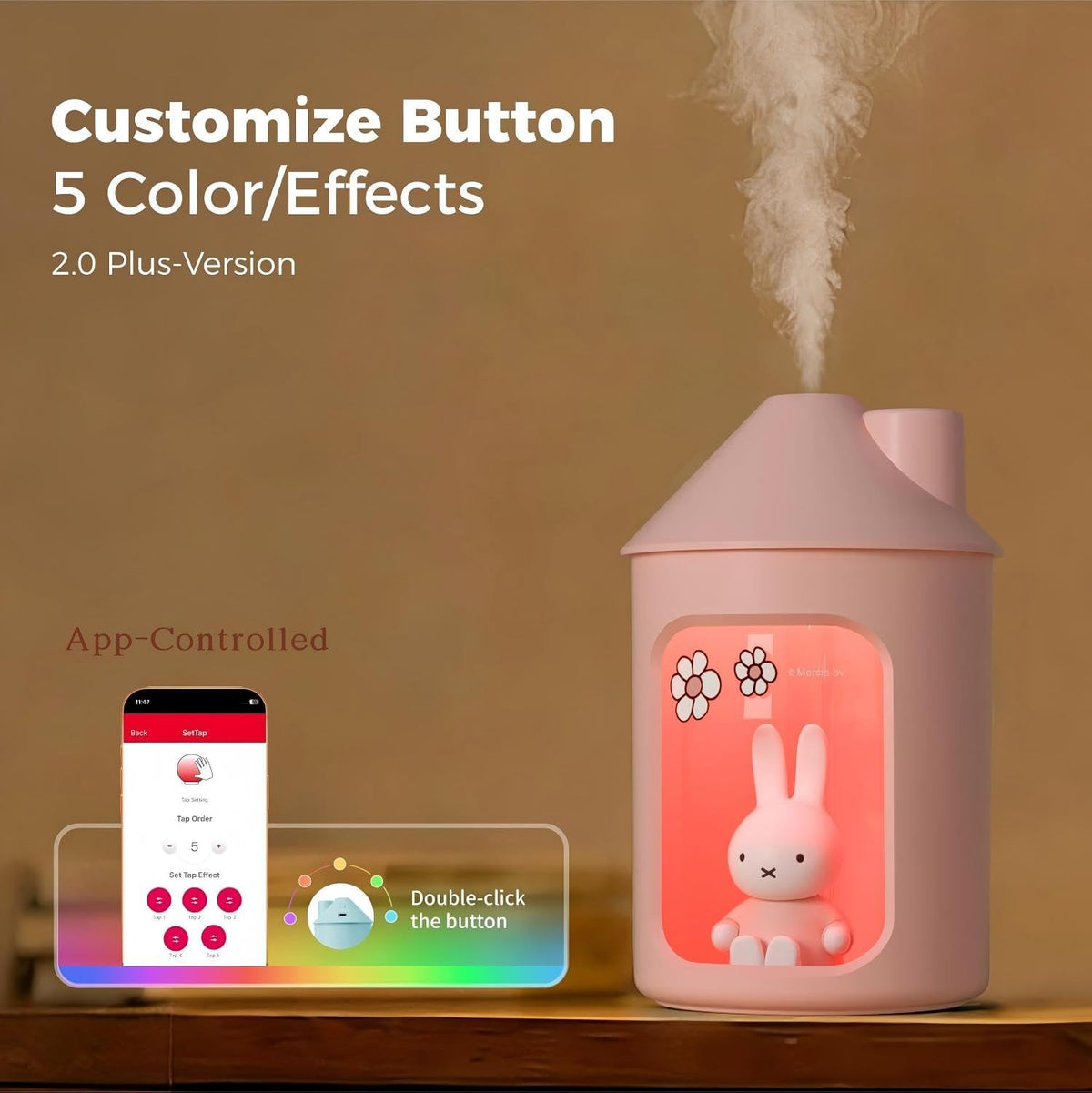 x Miffy 2.0 Humidifier, Smart App Control RGB LED Night Light, Dual Spray Ultrasonic Cool Mist Humidifier, 500ml Portable Quiet Humidifier for Bedroom Office Nursery,Pink Ideal Gift