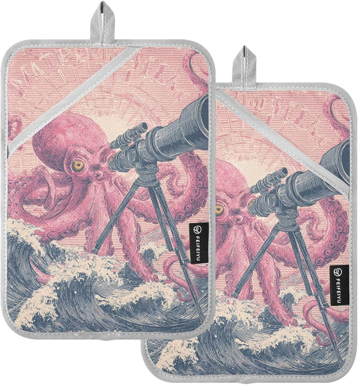 Pot Holder 2 Pack Set Hot Pads Potholders with Pockets Heat Resistant Square Quilted Oven Hot Pads Trivets for Kitchen Cooking Baking Retro Octopus Telescope Pink