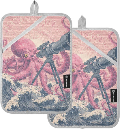 Pot Holder 2 Pack Set Hot Pads Potholders with Pockets Heat Resistant Square Quilted Oven Hot Pads Trivets for Kitchen Cooking Baking Retro Octopus Telescope Pink