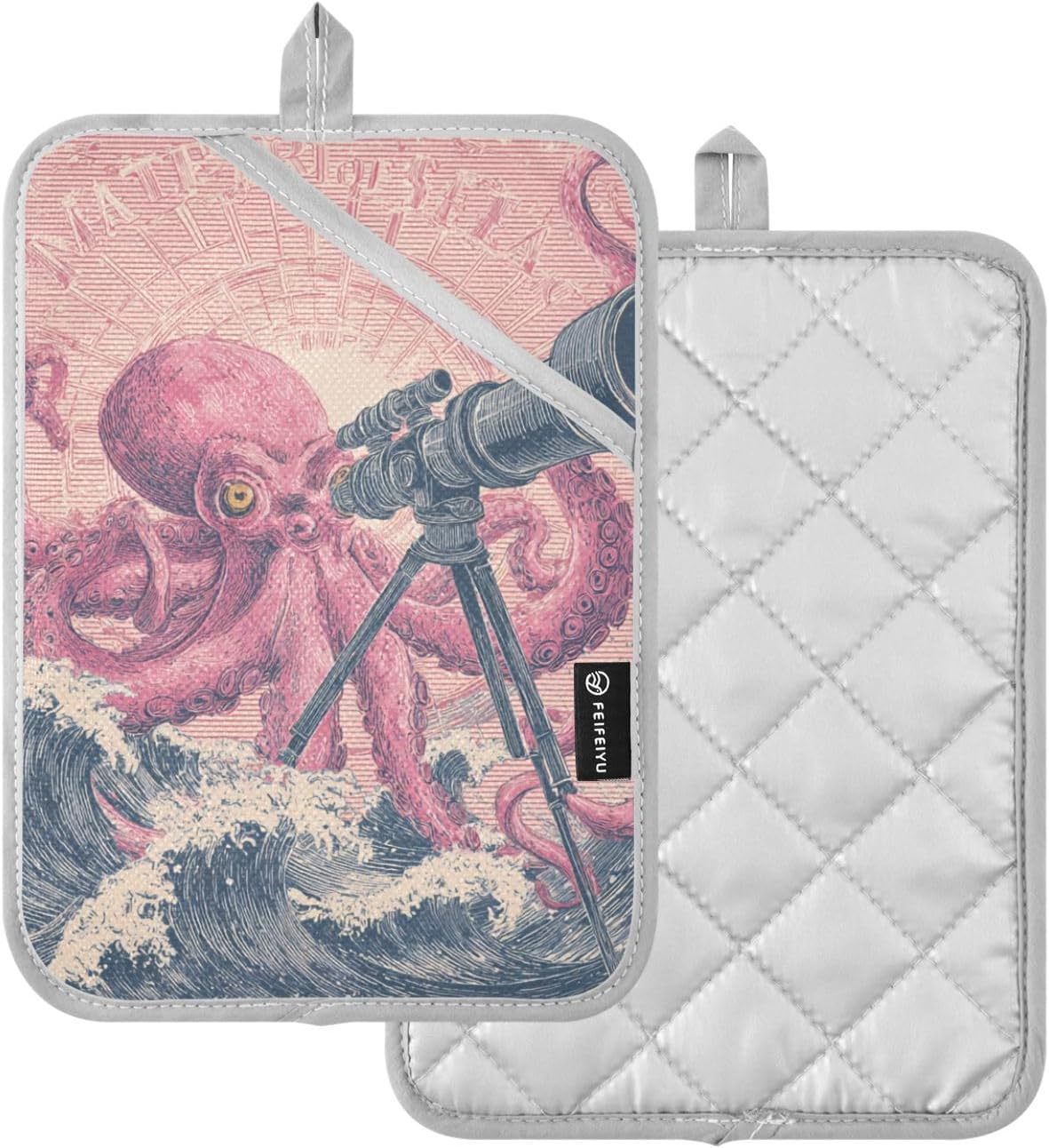 Pot Holder 2 Pack Set Hot Pads Potholders with Pockets Heat Resistant Square Quilted Oven Hot Pads Trivets for Kitchen Cooking Baking Retro Octopus Telescope Pink