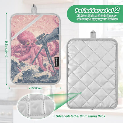 Pot Holder 2 Pack Set Hot Pads Potholders with Pockets Heat Resistant Square Quilted Oven Hot Pads Trivets for Kitchen Cooking Baking Retro Octopus Telescope Pink