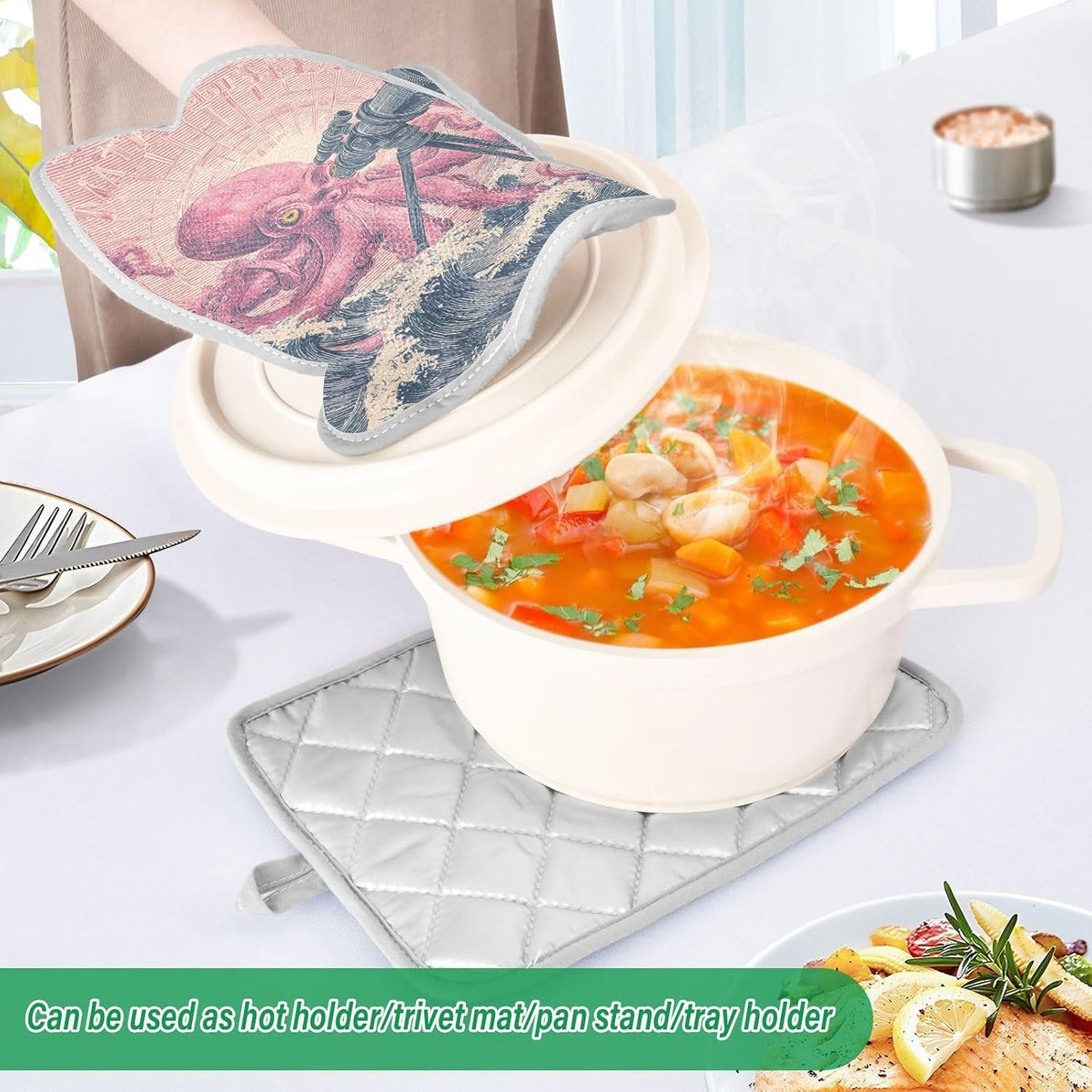 Pot Holder 2 Pack Set Hot Pads Potholders with Pockets Heat Resistant Square Quilted Oven Hot Pads Trivets for Kitchen Cooking Baking Retro Octopus Telescope Pink