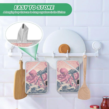 Pot Holder 2 Pack Set Hot Pads Potholders with Pockets Heat Resistant Square Quilted Oven Hot Pads Trivets for Kitchen Cooking Baking Retro Octopus Telescope Pink