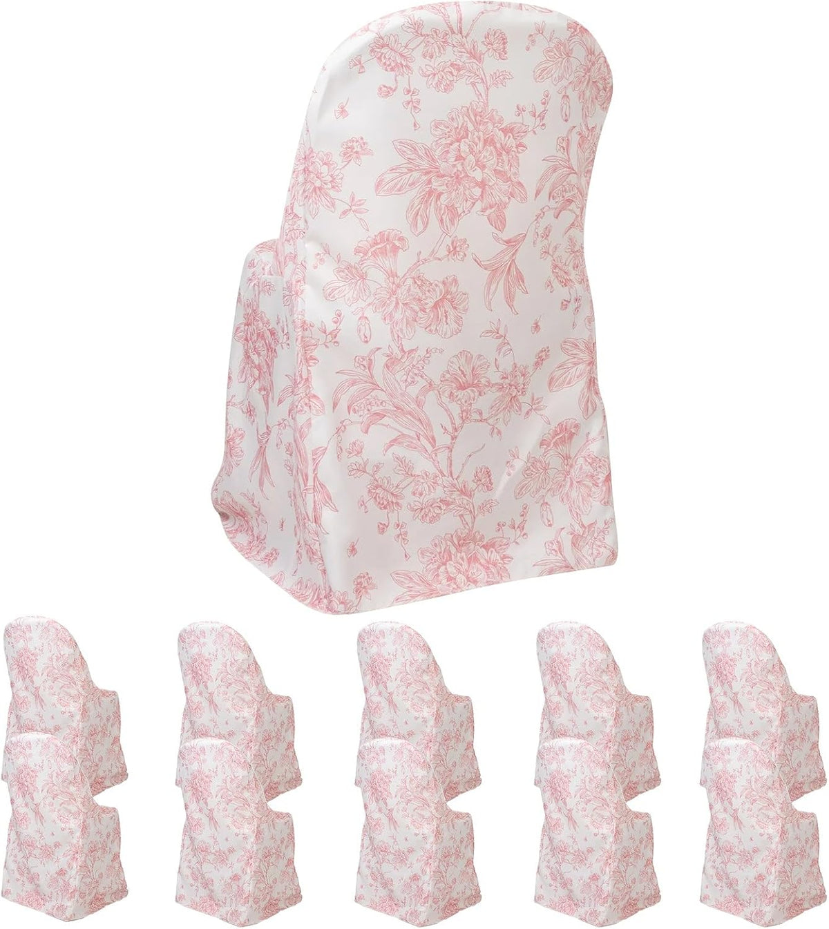 10 Pack Polyester Folding Chair Covers – White Pink French Toile Pattern, Reusable Stain-Resistant Slip-On Slipcovers