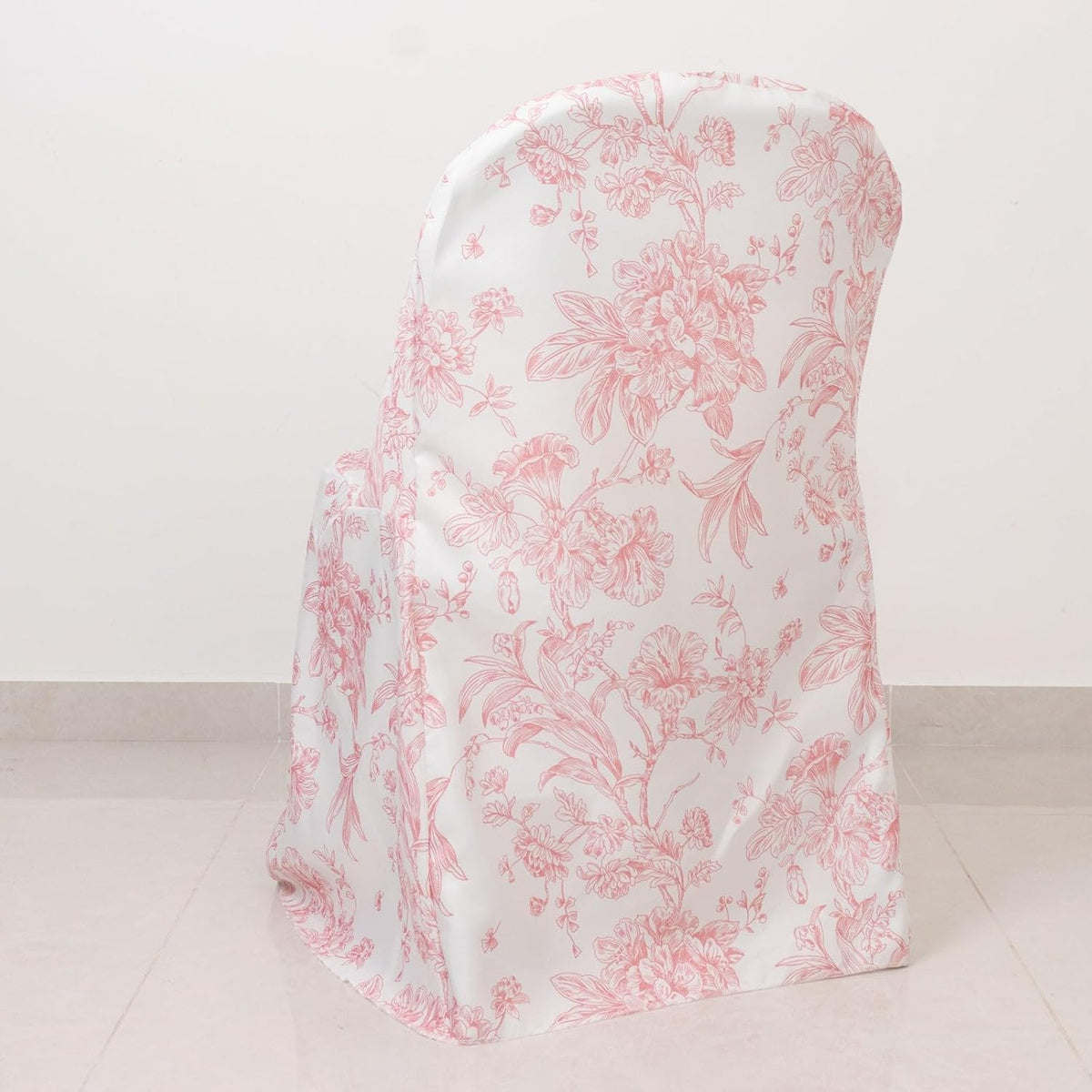 10 Pack Polyester Folding Chair Covers – White Pink French Toile Pattern, Reusable Stain-Resistant Slip-On Slipcovers