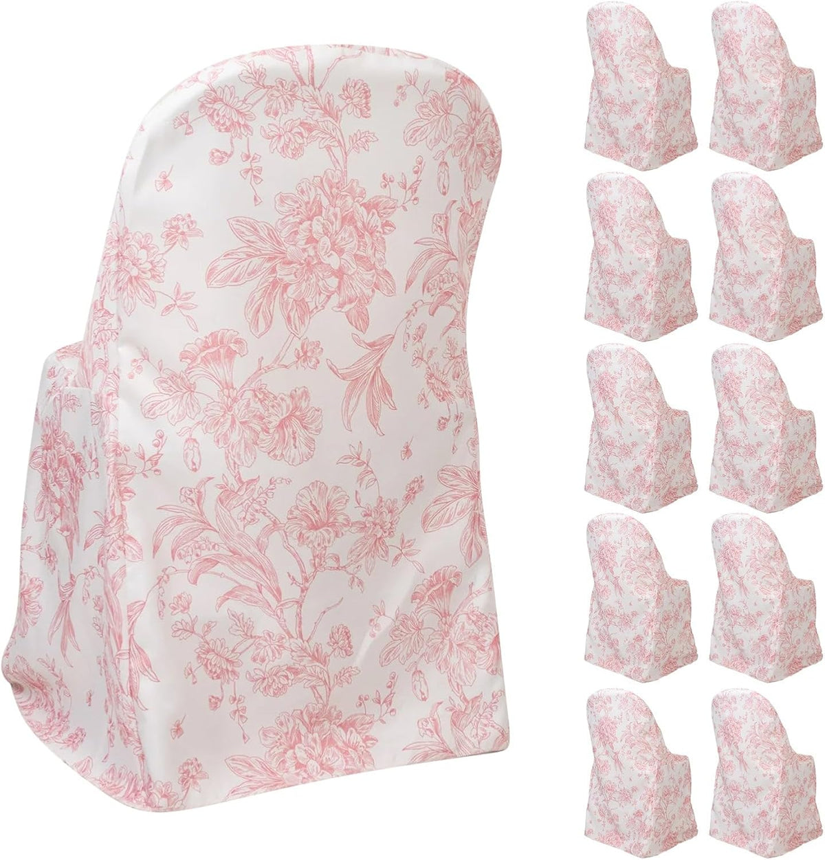 10 Pack Polyester Folding Chair Covers – White Pink French Toile Pattern, Reusable Stain-Resistant Slip-On Slipcovers