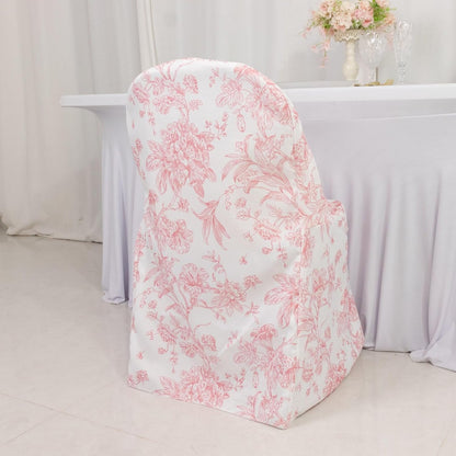10 Pack Polyester Folding Chair Covers – White Pink French Toile Pattern, Reusable Stain-Resistant Slip-On Slipcovers