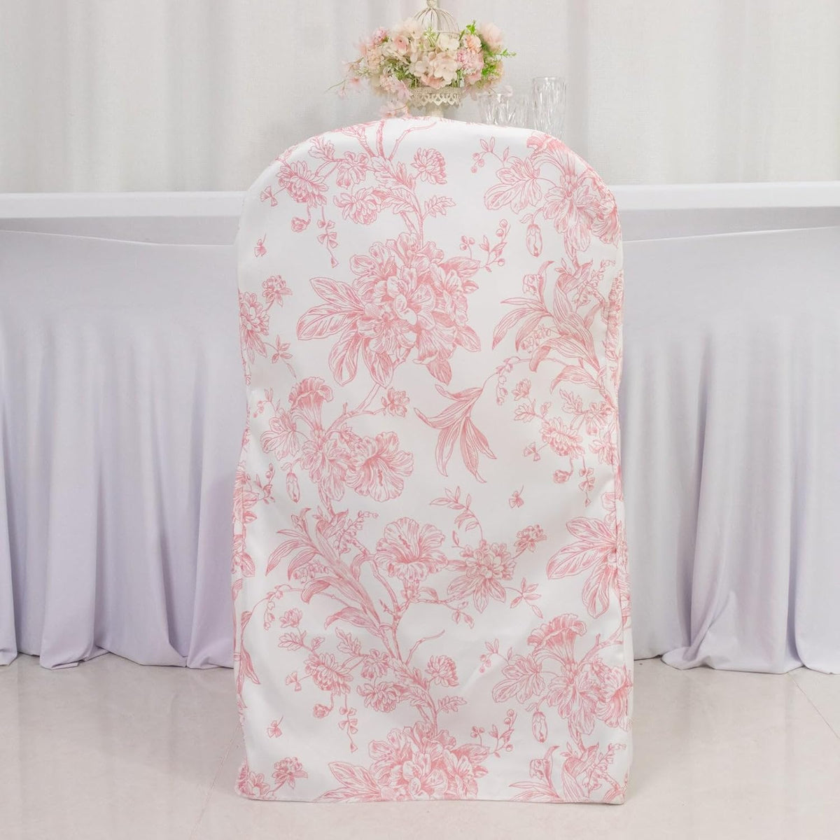 10 Pack Polyester Folding Chair Covers – White Pink French Toile Pattern, Reusable Stain-Resistant Slip-On Slipcovers