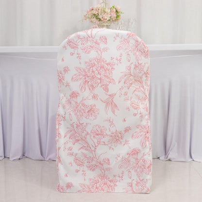 10 Pack Polyester Folding Chair Covers – White Pink French Toile Pattern, Reusable Stain-Resistant Slip-On Slipcovers