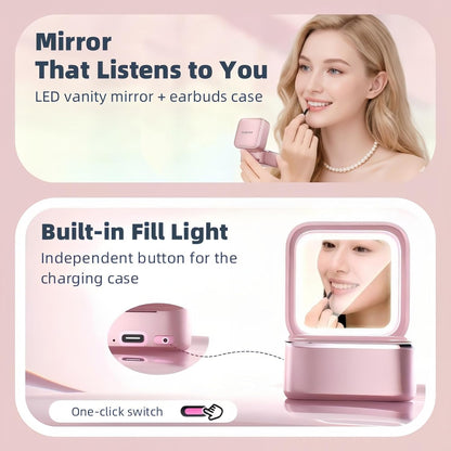 Wireless Earbuds with LED Makeup Mirror Case, Bluetooth 6.0 Open Ear Clip-On Headphones, Cute Pink Air Conduction Earphones for Women, Low Latency, Secure Fit for Running & Travel