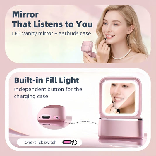 Wireless Earbuds with LED Makeup Mirror Case, Bluetooth 6.0 Open Ear Clip-On Headphones, Cute Pink Air Conduction Earphones for Women, Low Latency, Secure Fit for Running & Travel