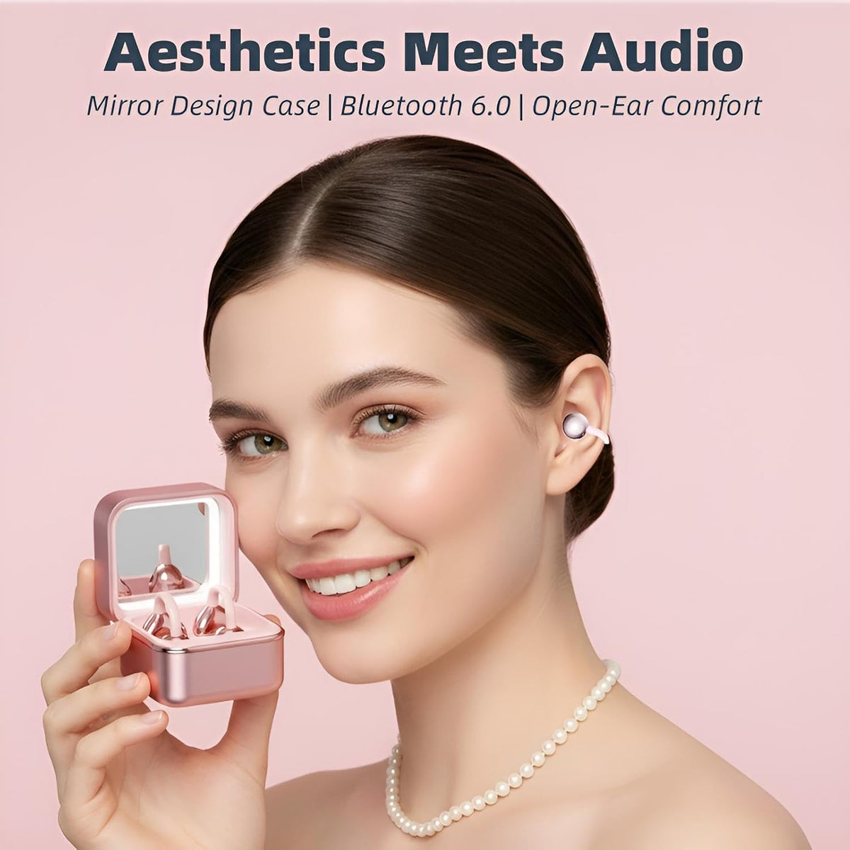Wireless Earbuds with LED Makeup Mirror Case, Bluetooth 6.0 Open Ear Clip-On Headphones, Cute Pink Air Conduction Earphones for Women, Low Latency, Secure Fit for Running & Travel