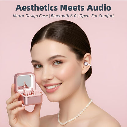 Wireless Earbuds with LED Makeup Mirror Case, Bluetooth 6.0 Open Ear Clip-On Headphones, Cute Pink Air Conduction Earphones for Women, Low Latency, Secure Fit for Running & Travel