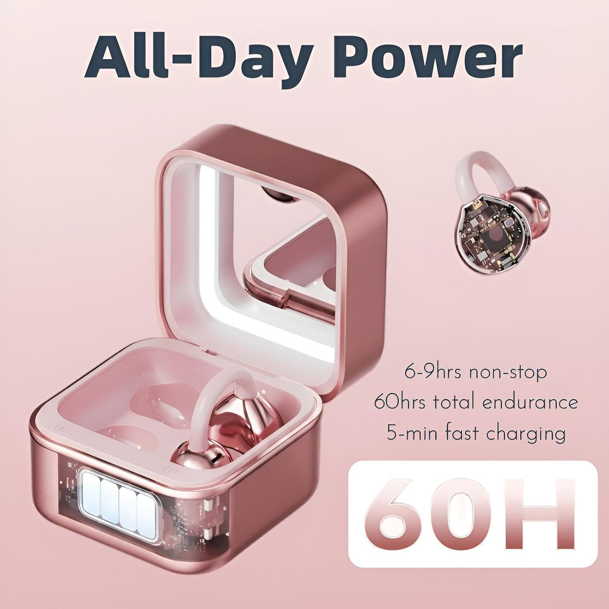 Wireless Earbuds with LED Makeup Mirror Case, Bluetooth 6.0 Open Ear Clip-On Headphones, Cute Pink Air Conduction Earphones for Women, Low Latency, Secure Fit for Running & Travel