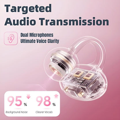 Wireless Earbuds with LED Makeup Mirror Case, Bluetooth 6.0 Open Ear Clip-On Headphones, Cute Pink Air Conduction Earphones for Women, Low Latency, Secure Fit for Running & Travel