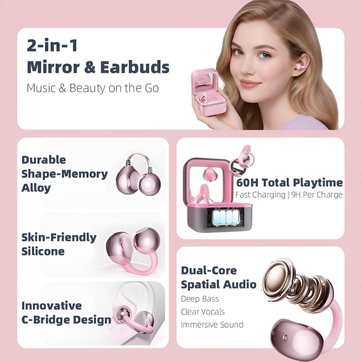 Wireless Earbuds with LED Makeup Mirror Case, Bluetooth 6.0 Open Ear Clip-On Headphones, Cute Pink Air Conduction Earphones for Women, Low Latency, Secure Fit for Running & Travel