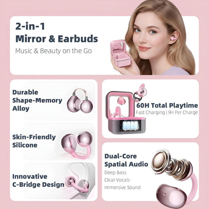 Wireless Earbuds with LED Makeup Mirror Case, Bluetooth 6.0 Open Ear Clip-On Headphones, Cute Pink Air Conduction Earphones for Women, Low Latency, Secure Fit for Running & Travel