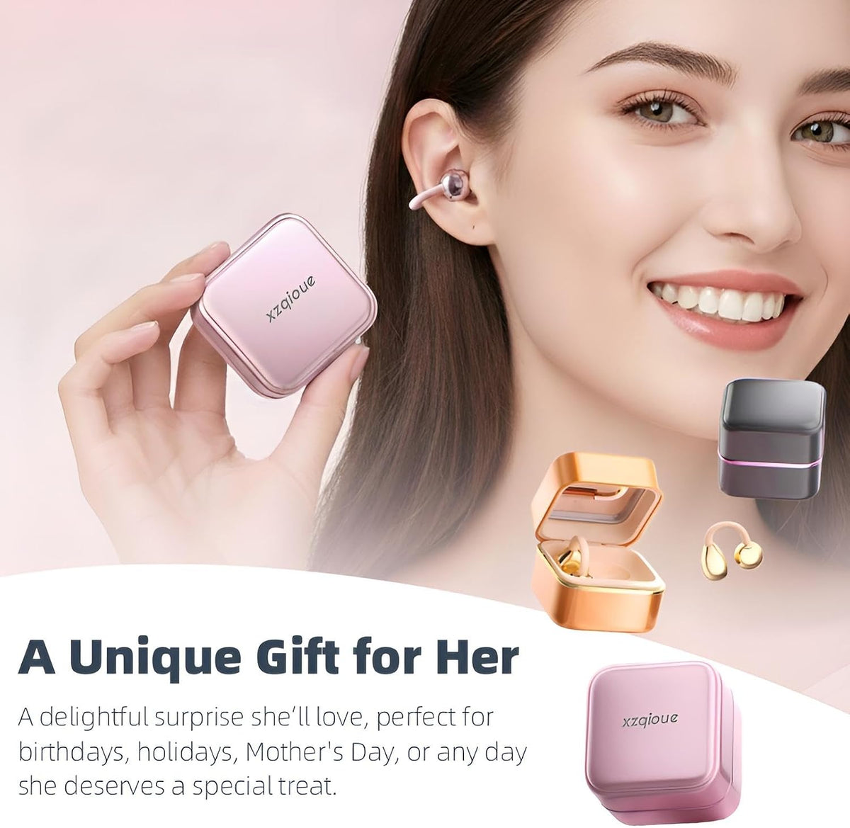 Wireless Earbuds with LED Makeup Mirror Case, Bluetooth 6.0 Open Ear Clip-On Headphones, Cute Pink Air Conduction Earphones for Women, Low Latency, Secure Fit for Running & Travel